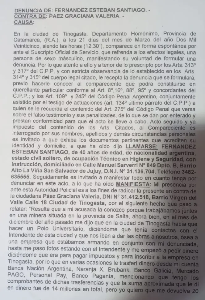 Denuncia realizada en sede policial de Tinogasta.