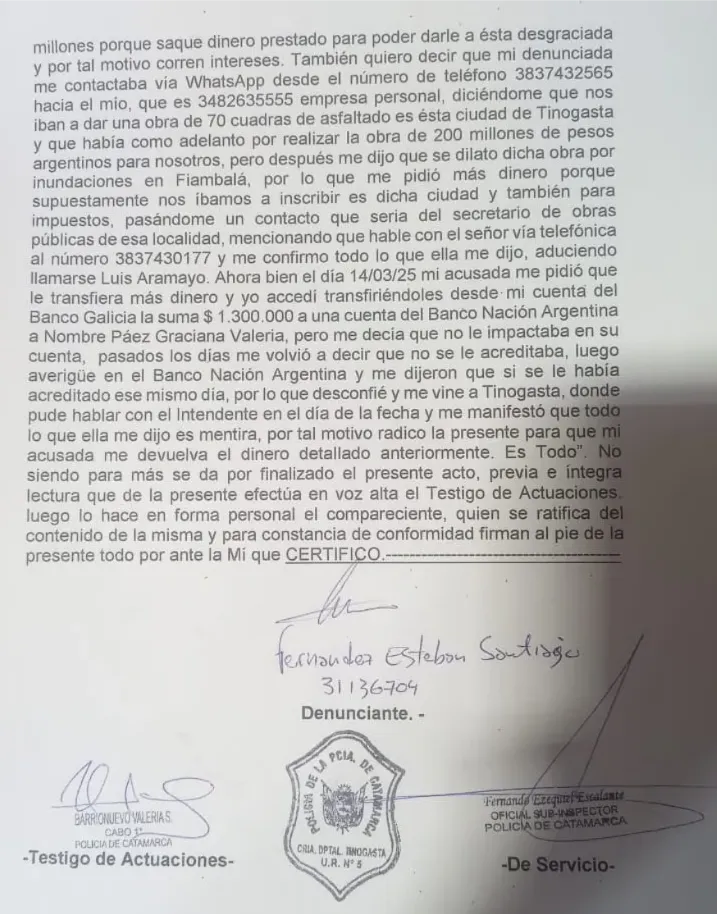 Denuncia realizada en sede policial de Tinogasta.